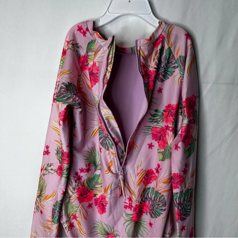 Art Class Pink Floral Girl’s Onepiece Swimsuit Rashguard Long Sleeve Size 10-12